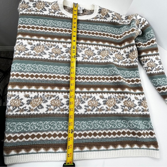 Vintage Fair Isle Pullover Sweater Beige Turquoise Womens Size L XL 80s 90s USA - Picture 8 of 8